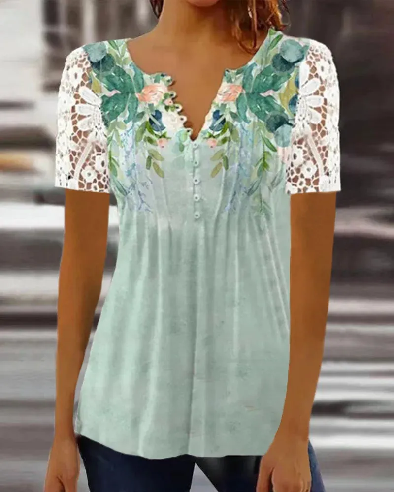 Floral Lace V-Neck Blouse – Loose Fit Summer Short Sleeve Shirt