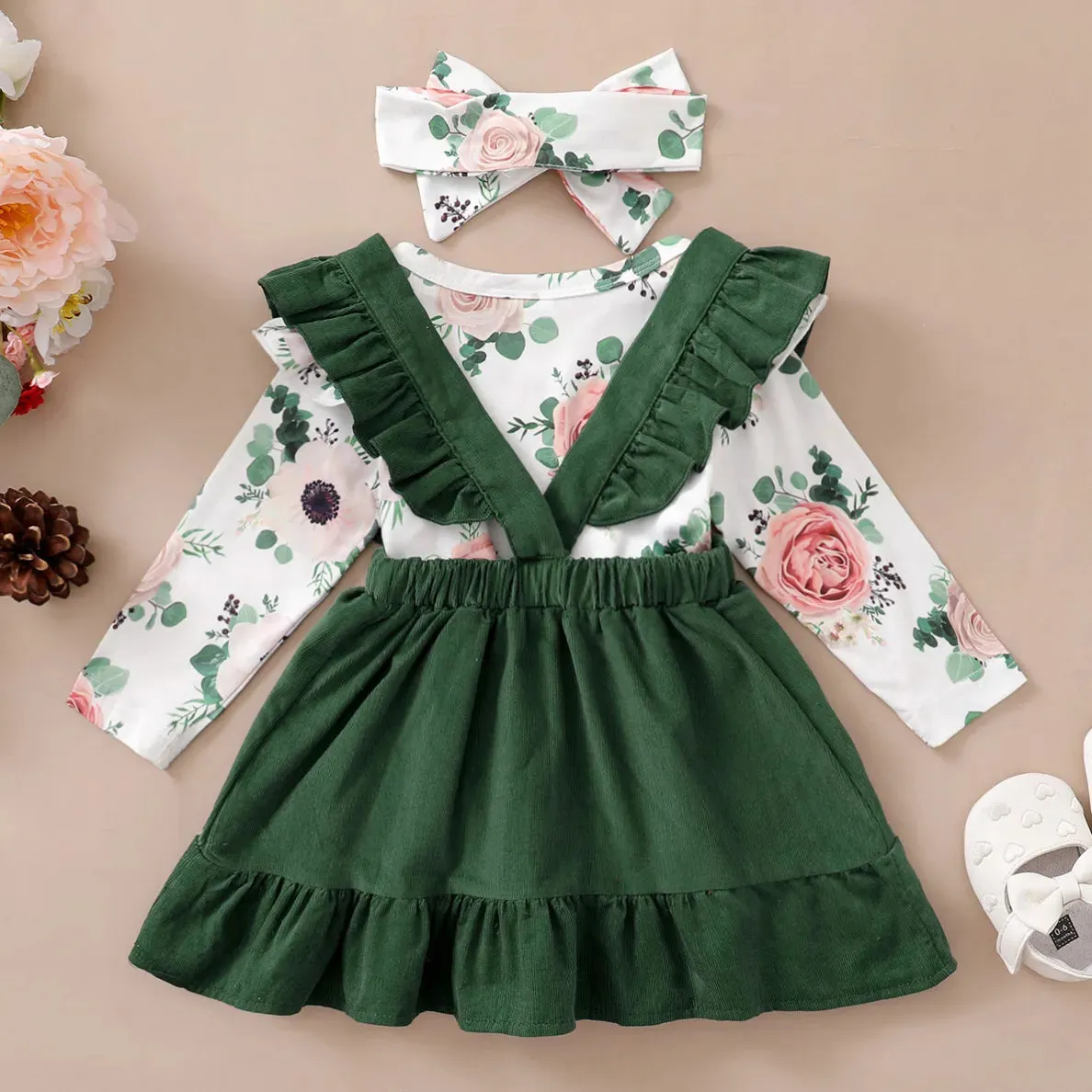 Floral Romper & Suspender Skirt Set for Newborn Girls