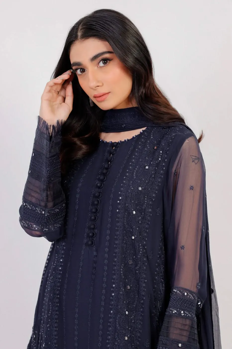 Four Piece Embroidered Chiffon Suit With Chiffon Dupatta