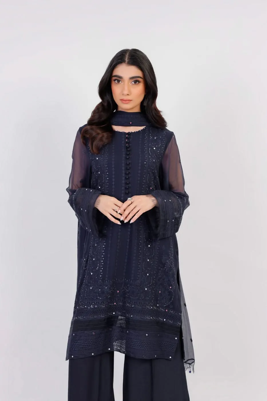 Four Piece Embroidered Chiffon Suit With Chiffon Dupatta