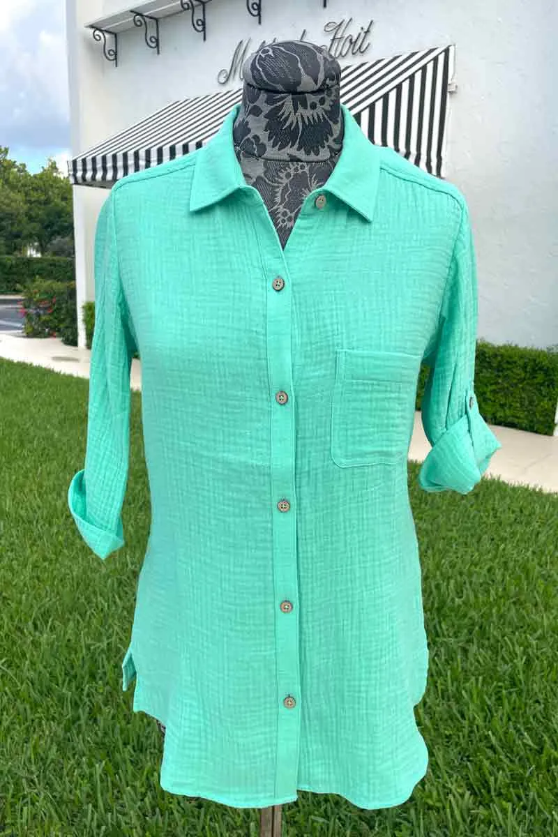 Foxcroft Tamara Cotton Gauze Shirt in Sea Mist