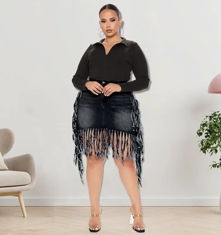Fringe Frenzy Plus Size Denim Skirt