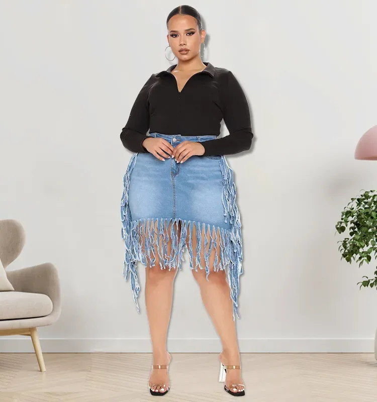 Fringe Frenzy Plus Size Denim Skirt