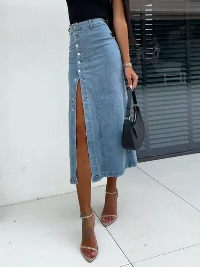 Front Button Slit Midi Denim Skirt S-2XL