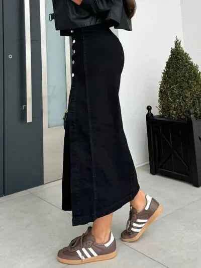 Front Button Slit Midi Denim Skirt S-2XL