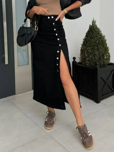 Front Button Slit Midi Denim Skirt S-2XL