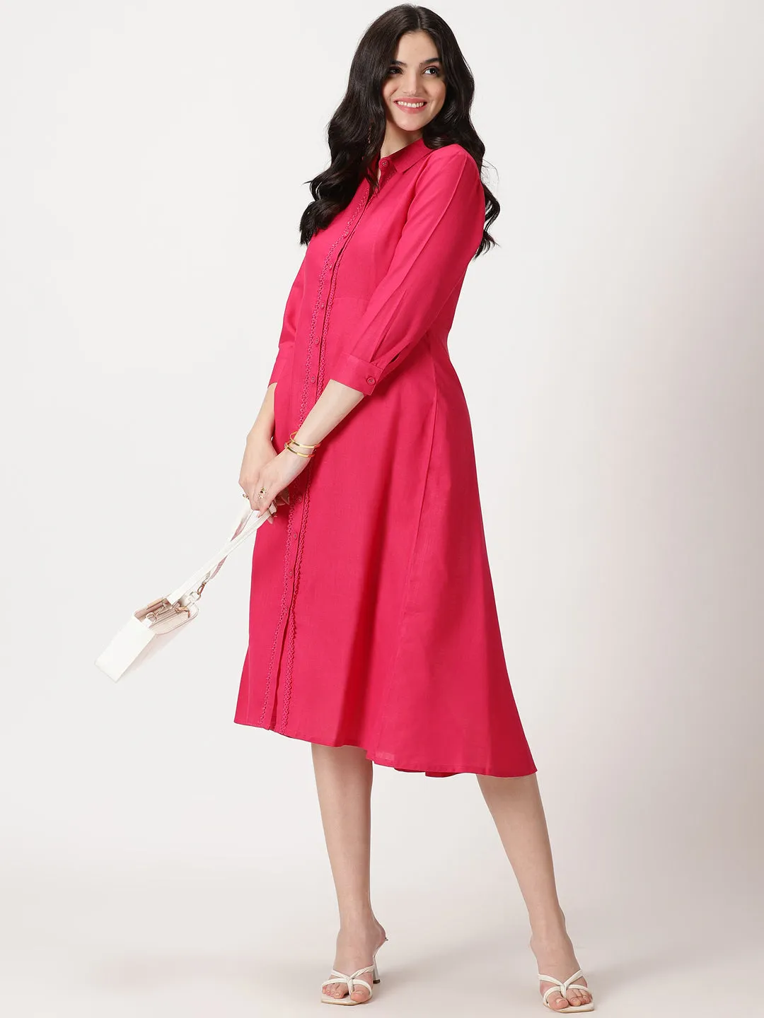 Fuchsia Lace Placket  Midi Shirt Dress