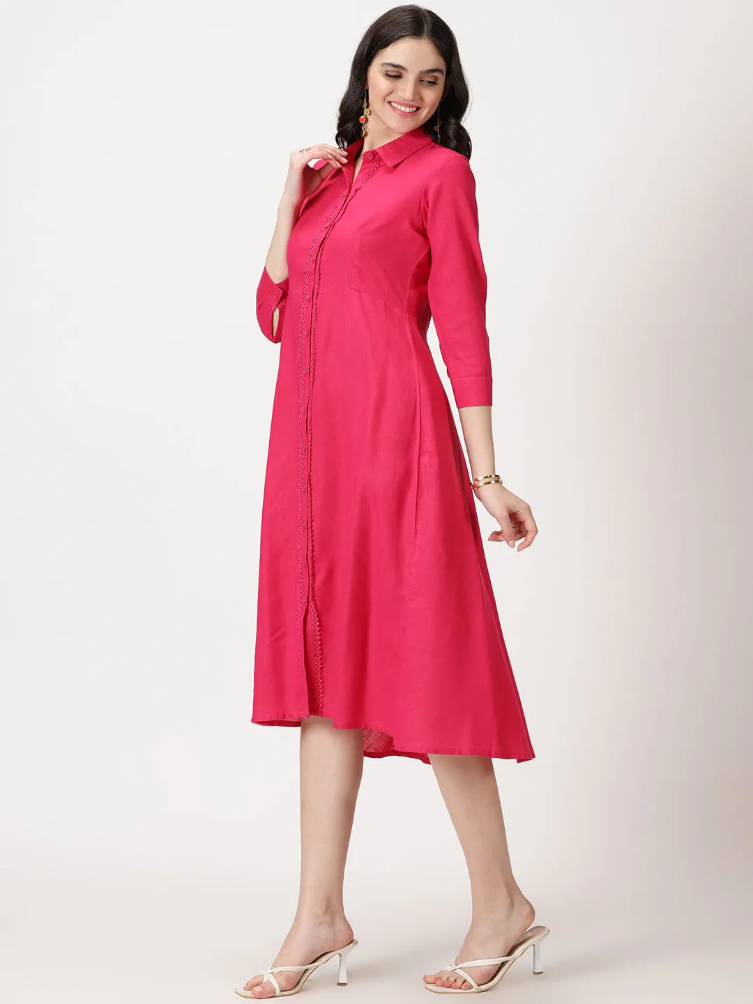 Fuchsia Lace Placket  Midi Shirt Dress