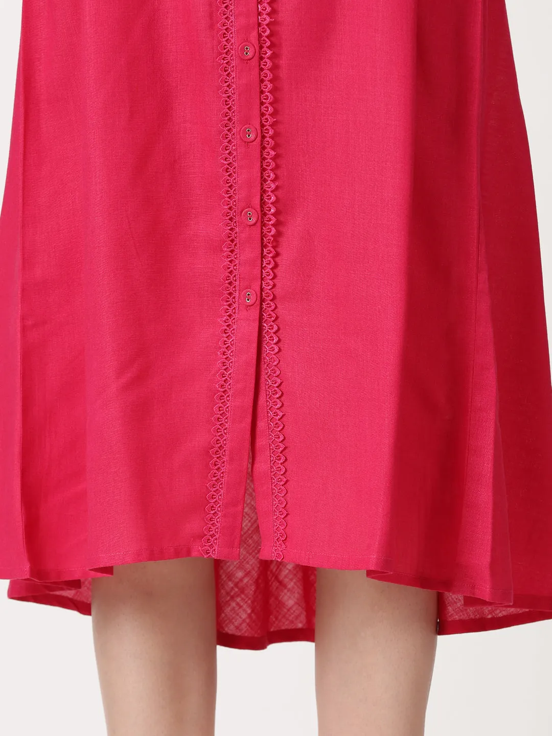 Fuchsia Lace Placket  Midi Shirt Dress