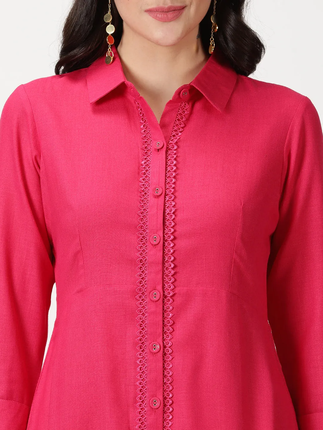 Fuchsia Lace Placket  Midi Shirt Dress