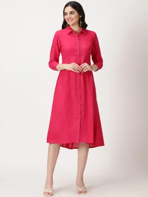 Fuchsia Lace Placket  Midi Shirt Dress