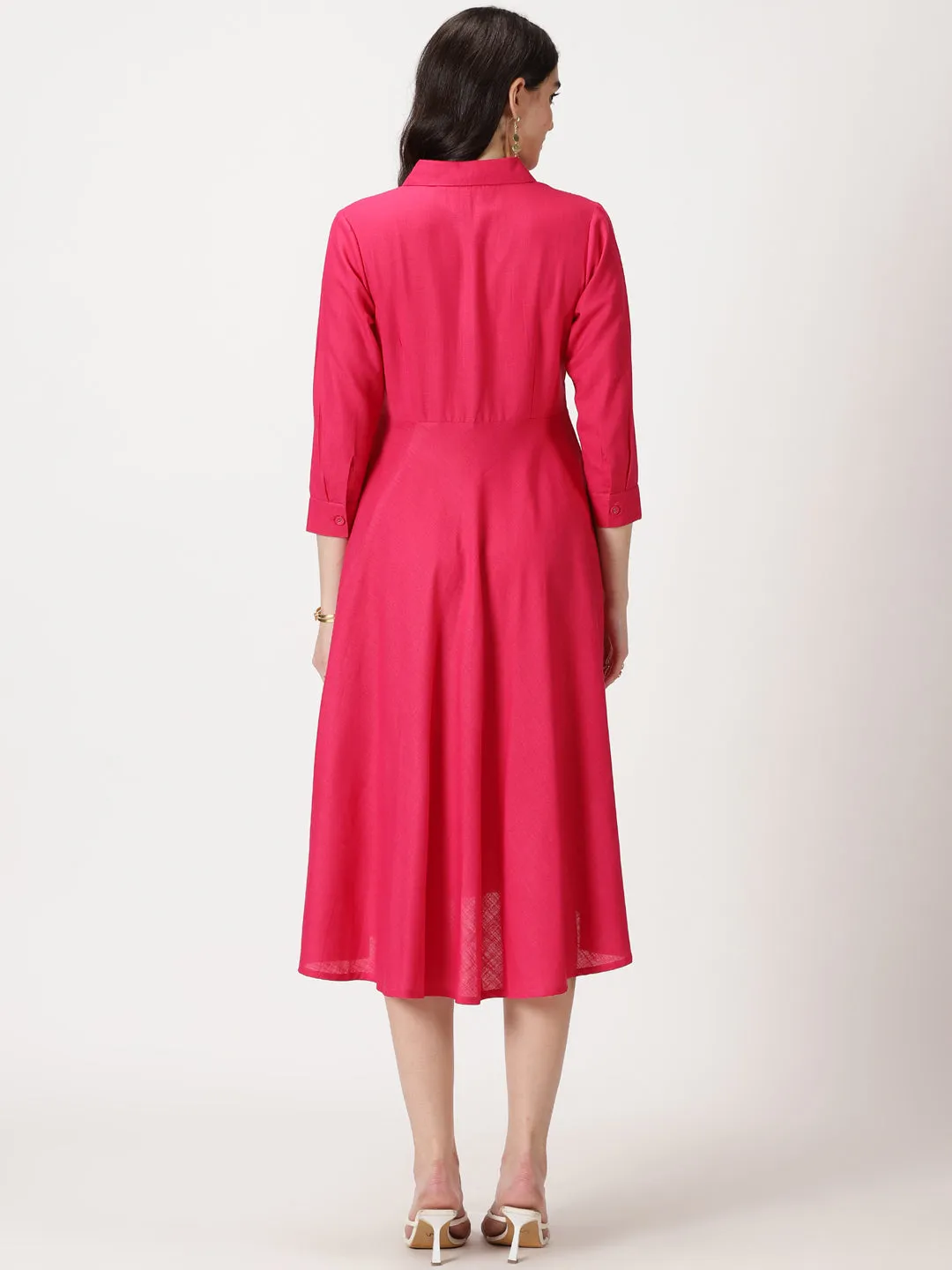 Fuchsia Lace Placket  Midi Shirt Dress