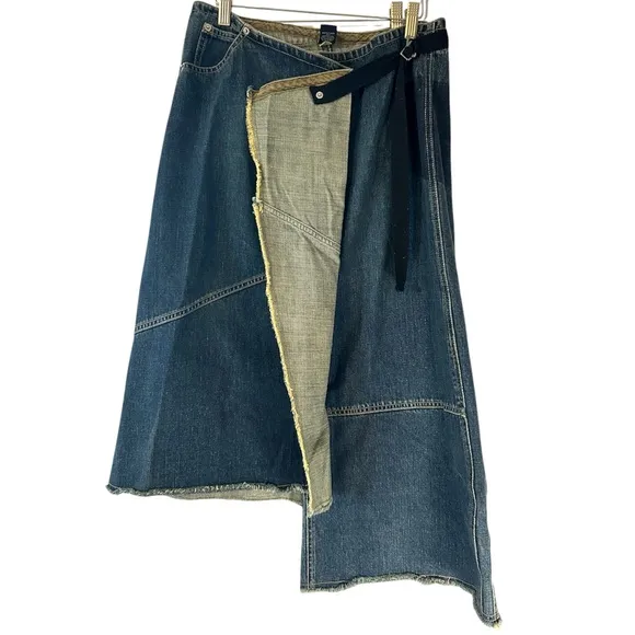 GAP Vtg RARE Y2K Asymmetric Patchwork Wrap A-line Midi Denim Skirt Size 8 EUC