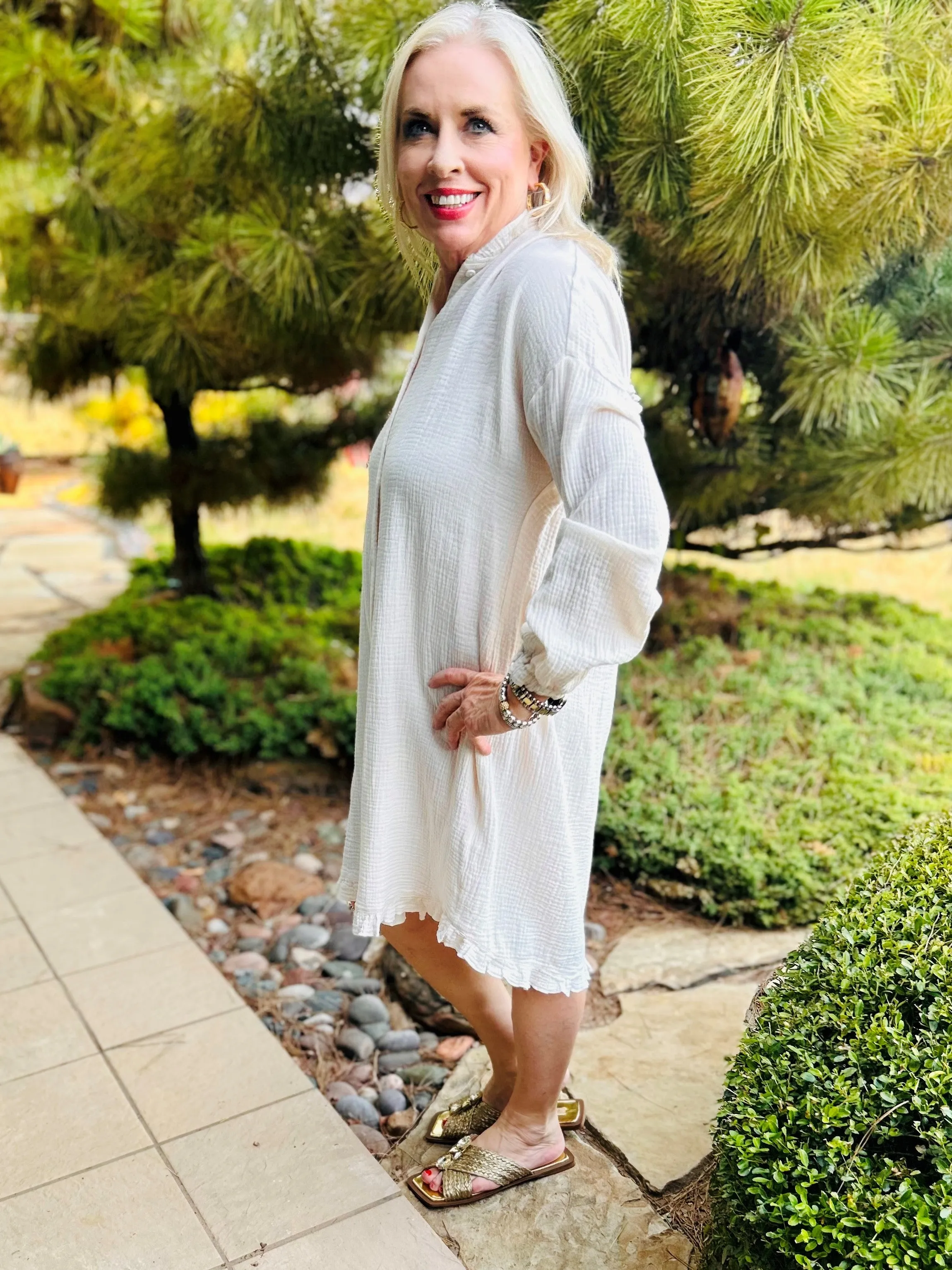 Gauze Button Up Dress in Cream
