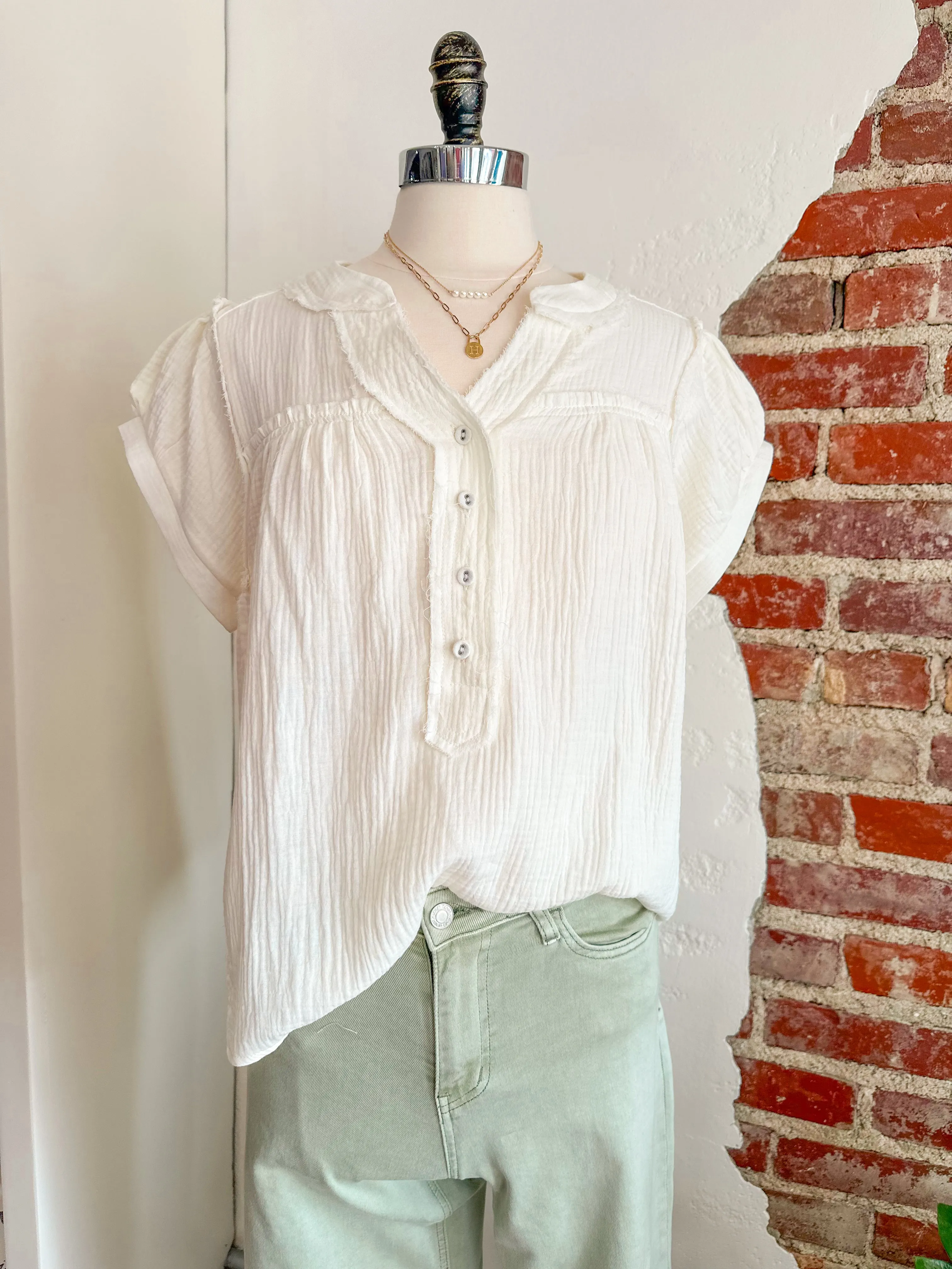Georgia Gauze Button Top - Off White