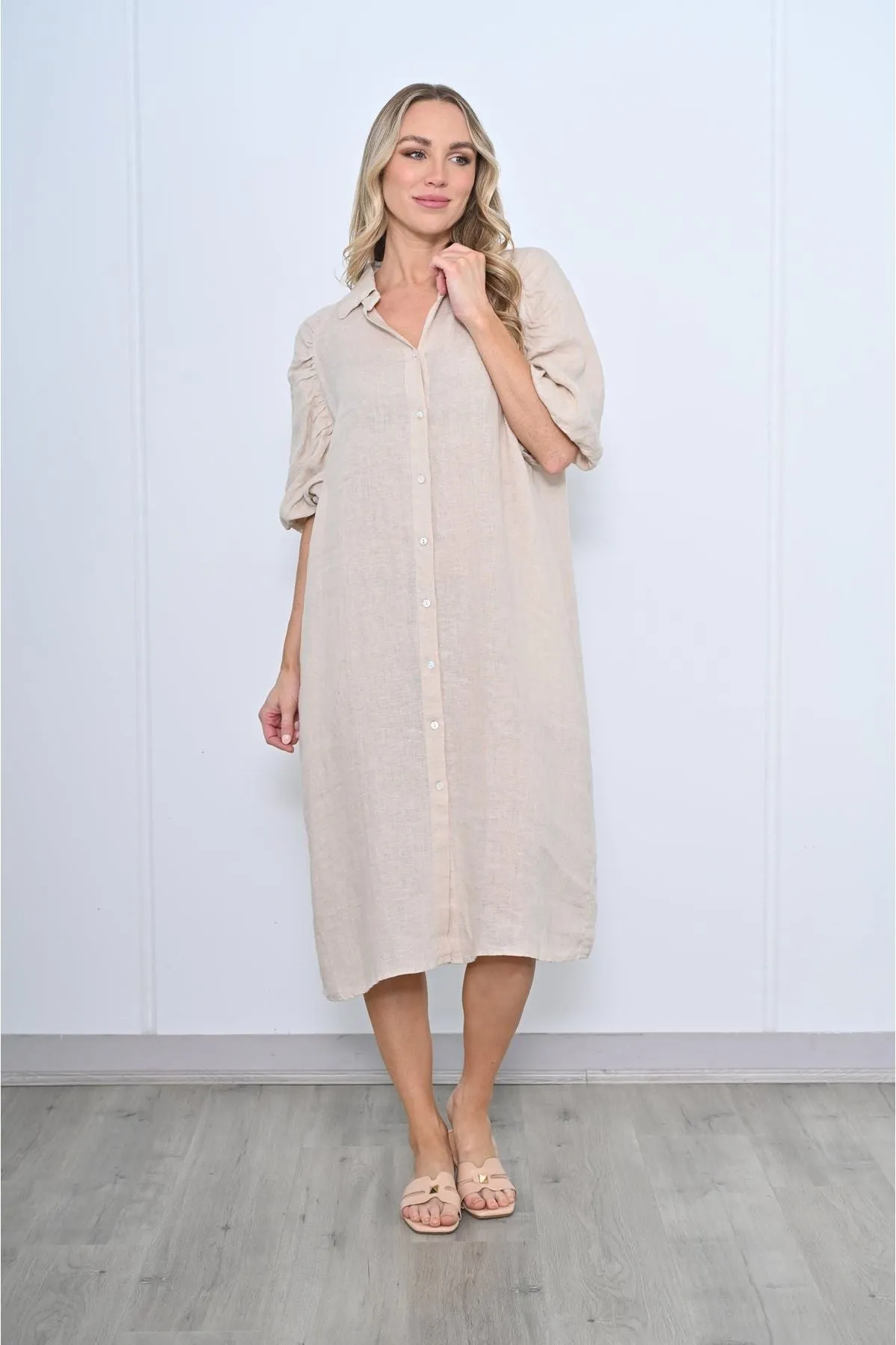 Gina Button Dress Beige