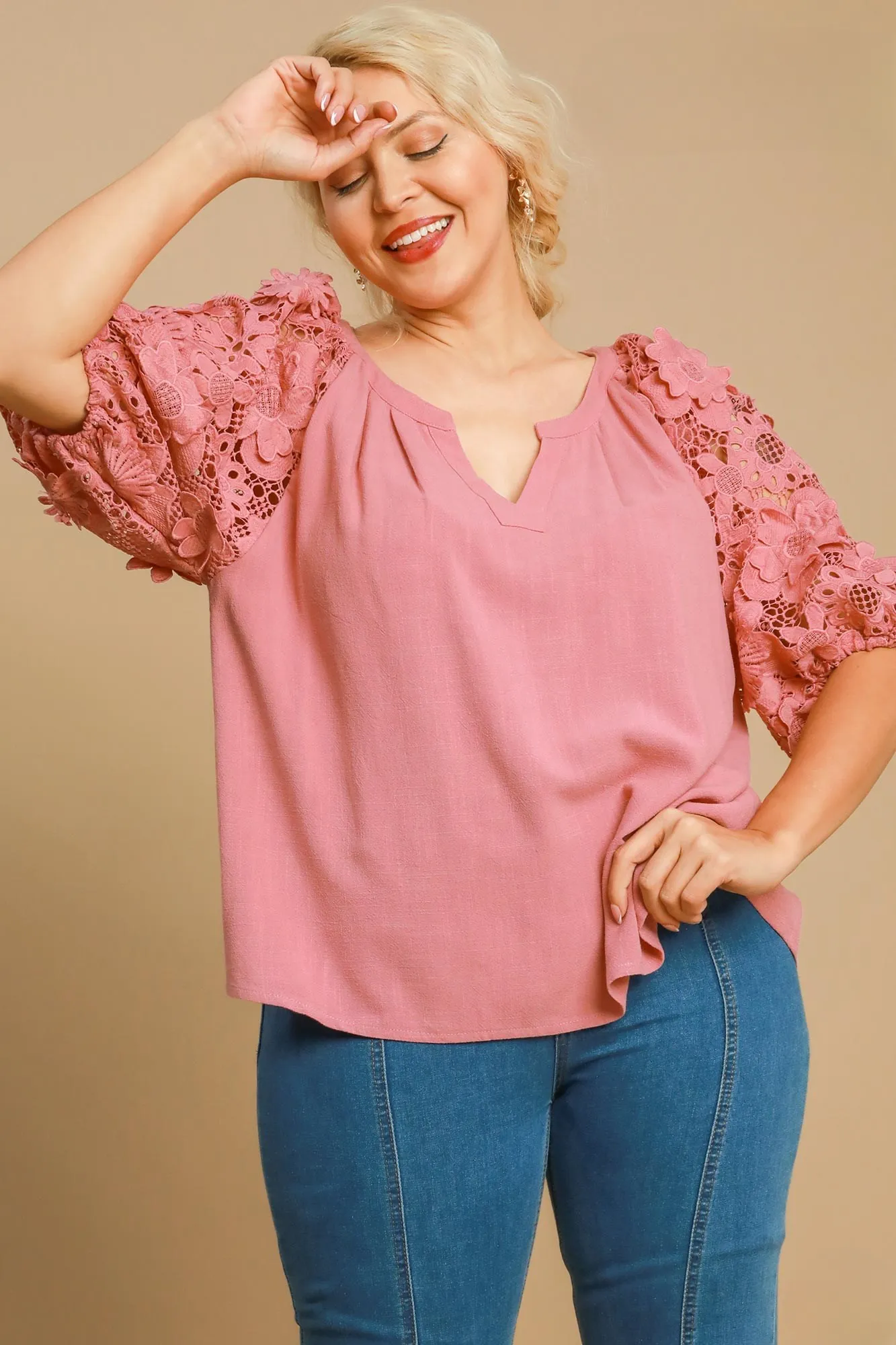 Gracie Floral Lace Puff Sleeve Top in Rose