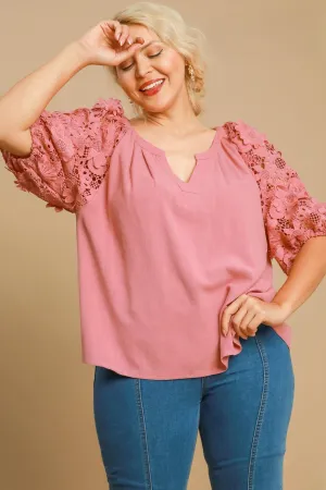 Gracie Floral Lace Puff Sleeve Top in Rose