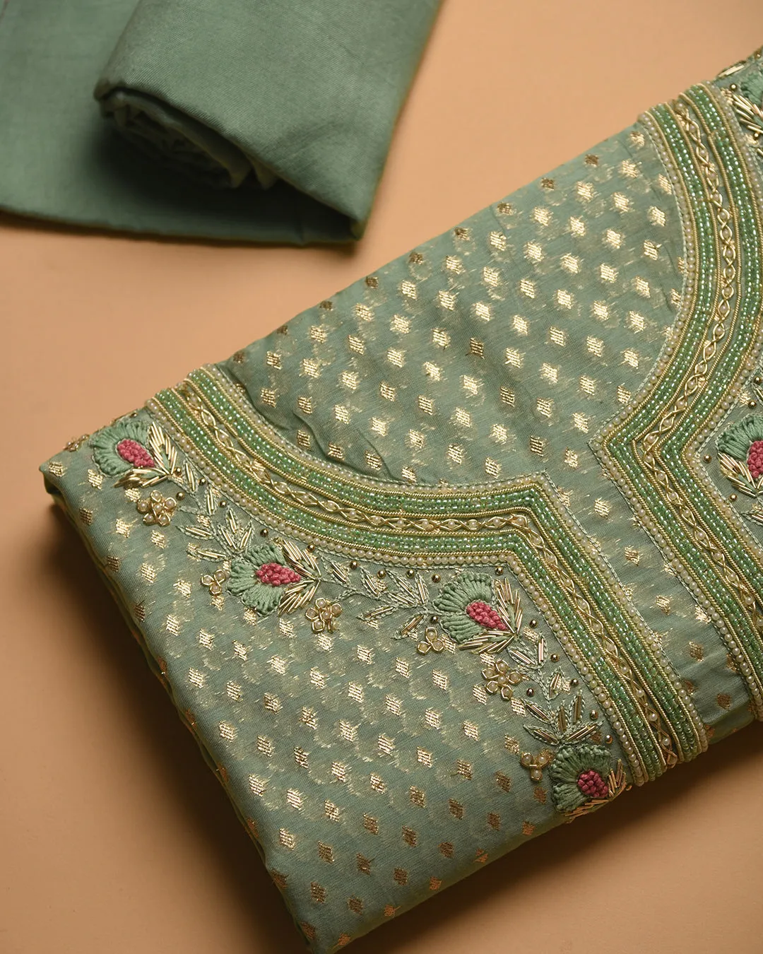 Green Chanderi Woven With Embroidery Unstitched Suit Fabric Set With Chiffon Embroidered Dupatta