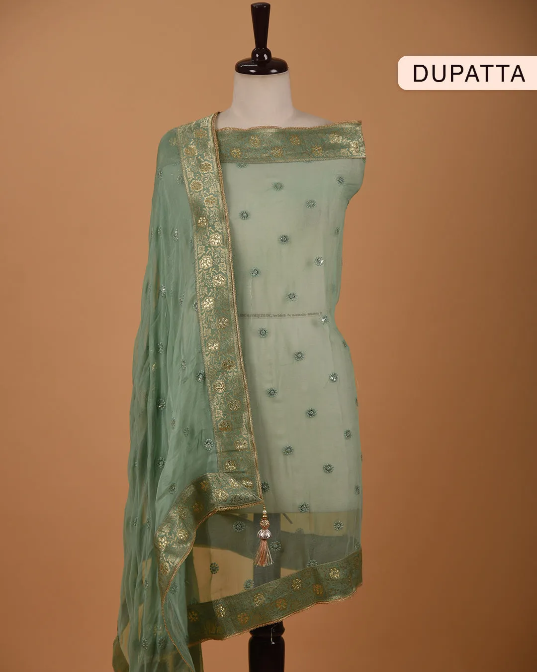 Green Chanderi Woven With Embroidery Unstitched Suit Fabric Set With Chiffon Embroidered Dupatta