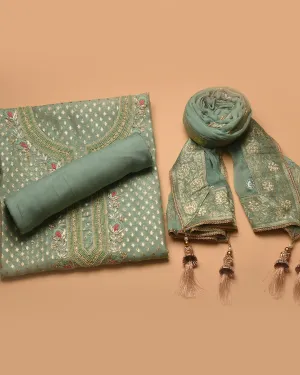 Green Chanderi Woven With Embroidery Unstitched Suit Fabric Set With Chiffon Embroidered Dupatta