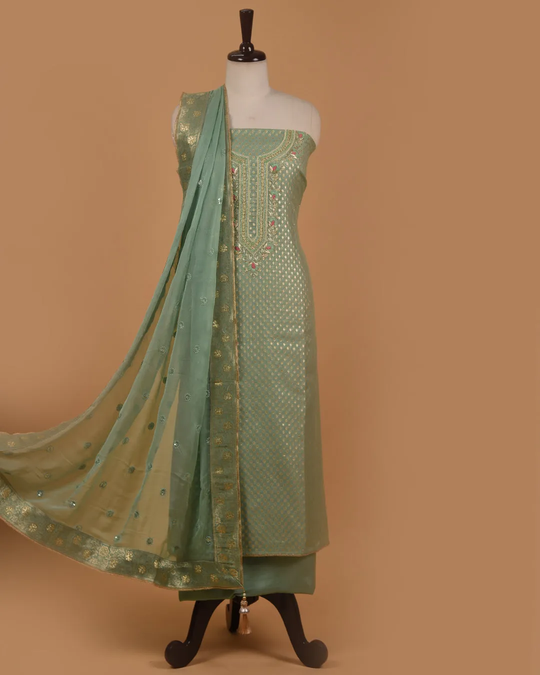 Green Chanderi Woven With Embroidery Unstitched Suit Fabric Set With Chiffon Embroidered Dupatta