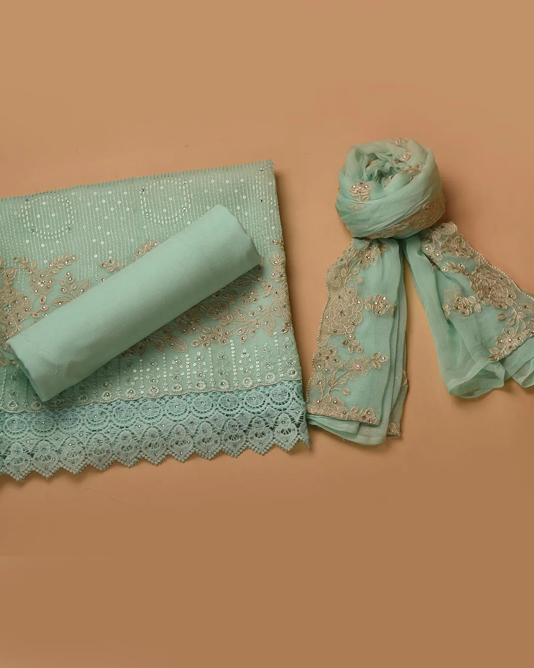 Green Pink Organza Blend Embroidered Unstitched Suit Fabric Set With Chiffon Dupatta