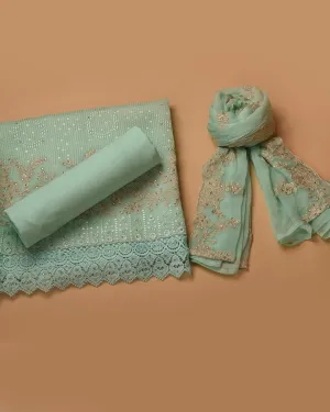 Green Pink Organza Blend Embroidered Unstitched Suit Fabric Set With Chiffon Dupatta