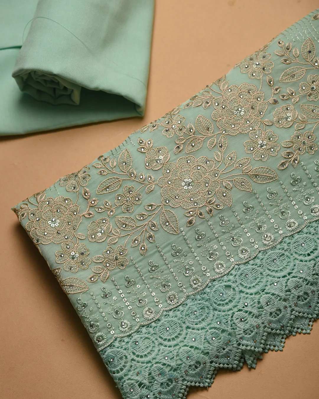 Green Pink Organza Blend Embroidered Unstitched Suit Fabric Set With Chiffon Dupatta