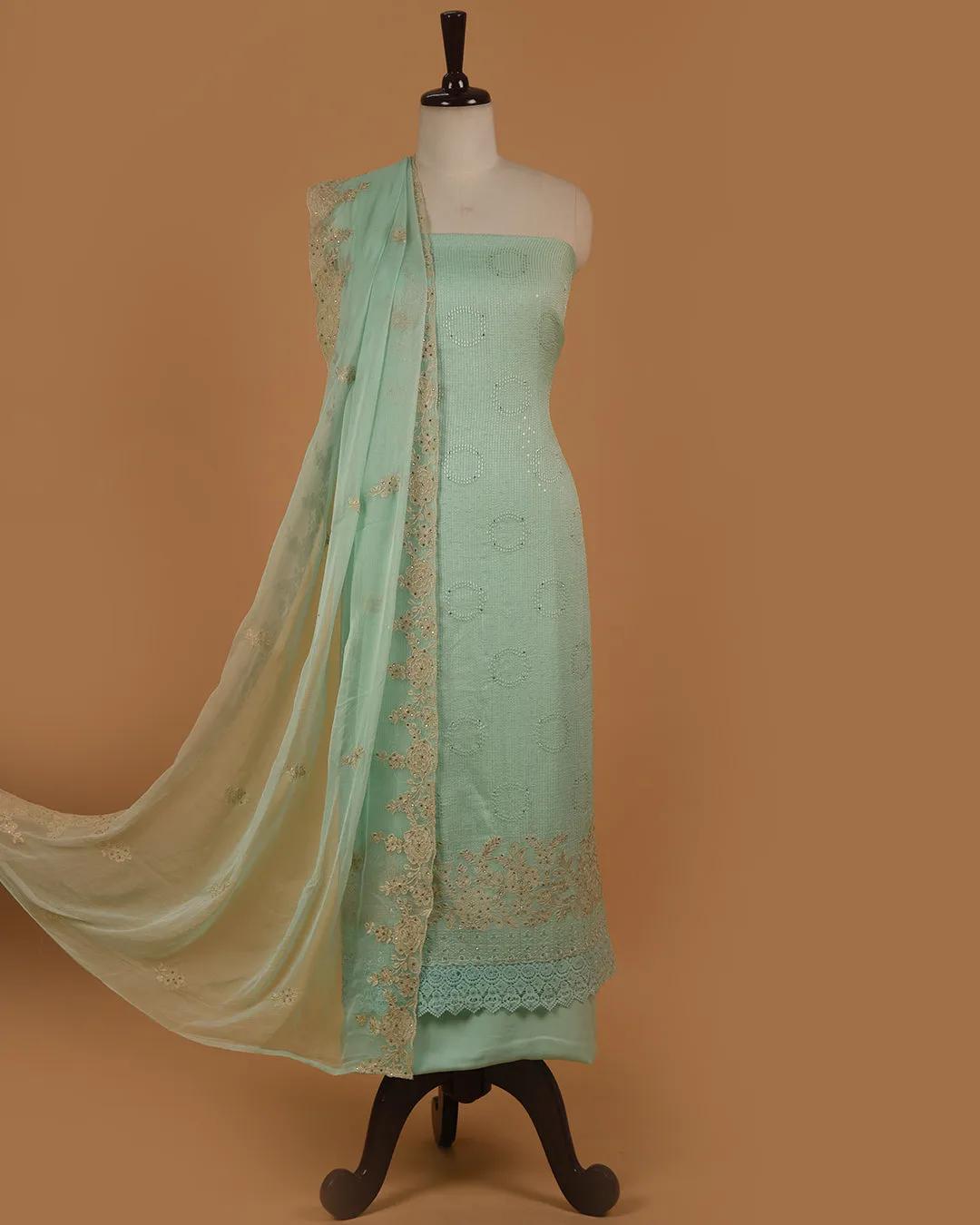 Green Pink Organza Blend Embroidered Unstitched Suit Fabric Set With Chiffon Dupatta