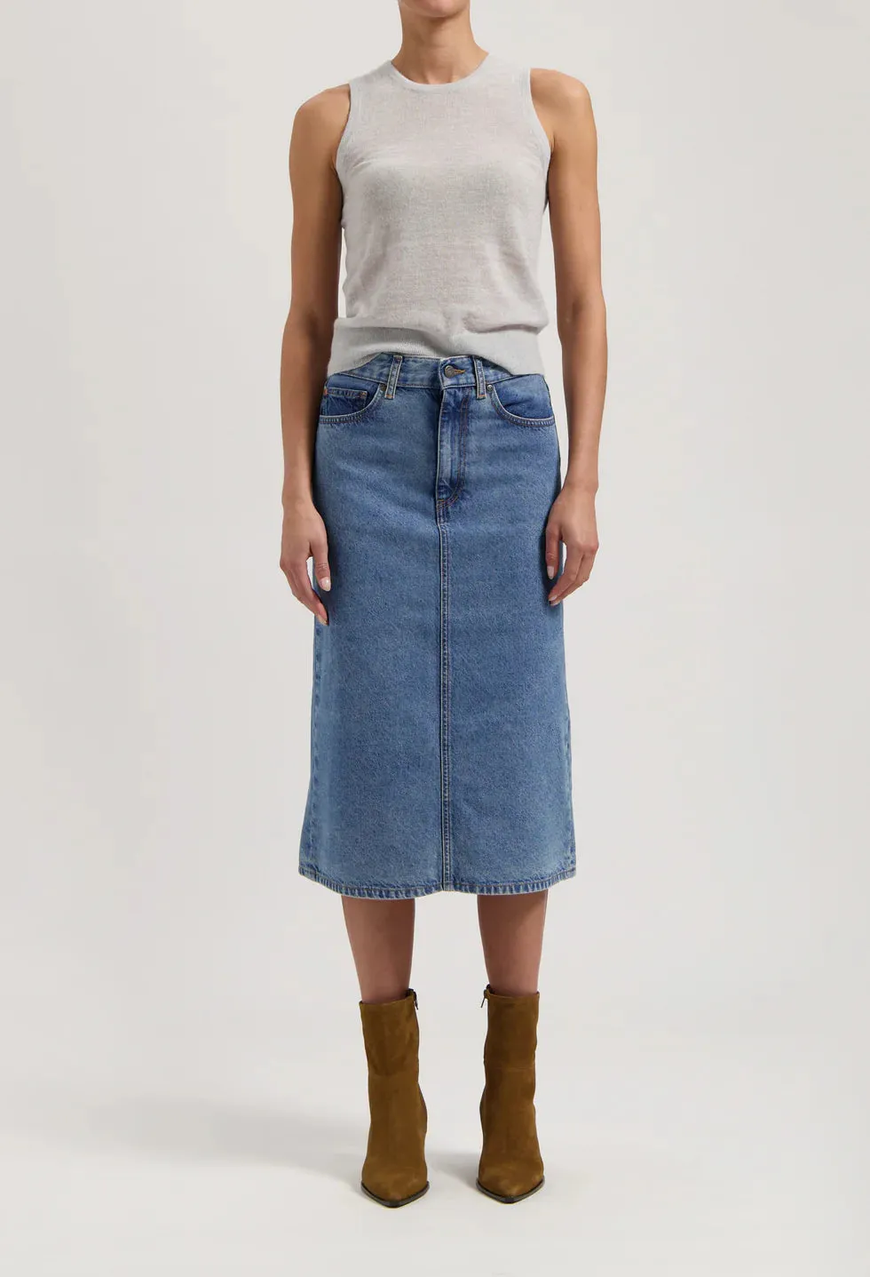 Gwen Denim Midi Skirt Stone Vintage