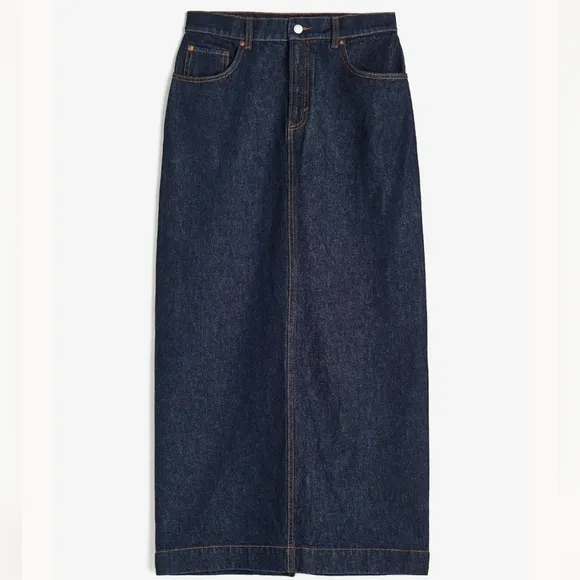 H&amp;M Blue Denim Maxi Skirt Jean Skirt Size 10 High Back Slit
