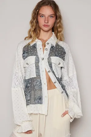 Hazel Blues® |  POL Eyelet Flower Pearl Detail Lace Patchwork Shirt