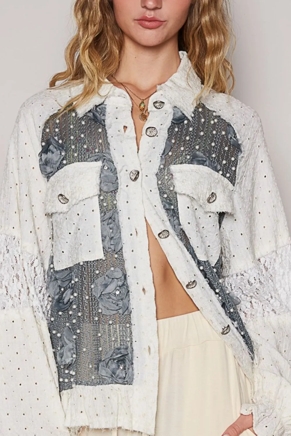 Hazel Blues® |  POL Eyelet Flower Pearl Detail Lace Patchwork Shirt