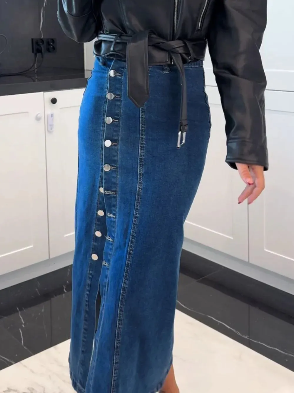 High Noon Front Button Slit Denim Midi Skirt