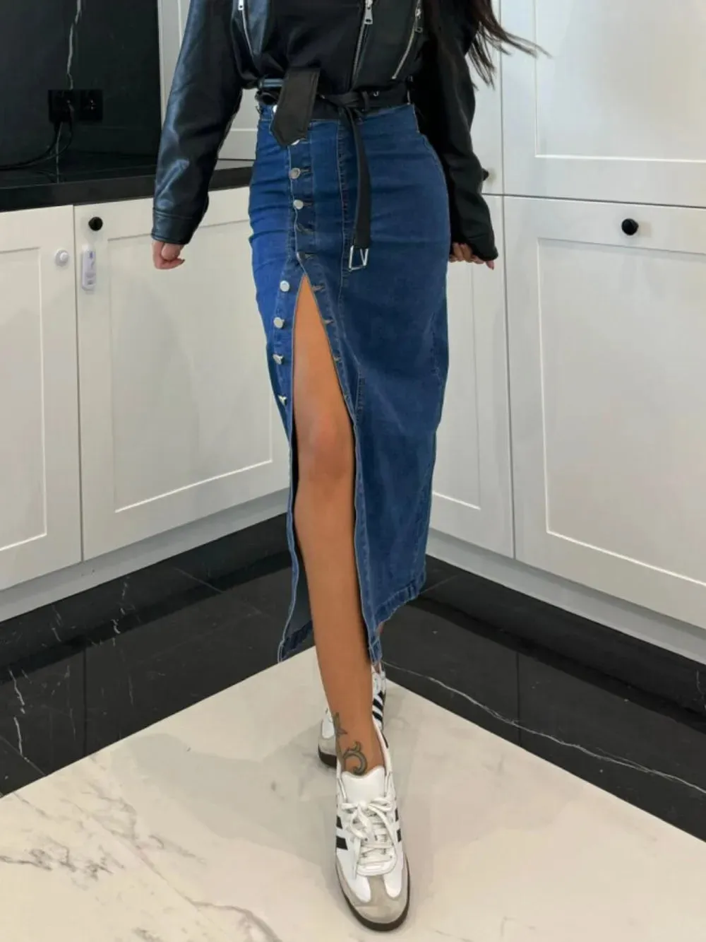 High Noon Front Button Slit Denim Midi Skirt