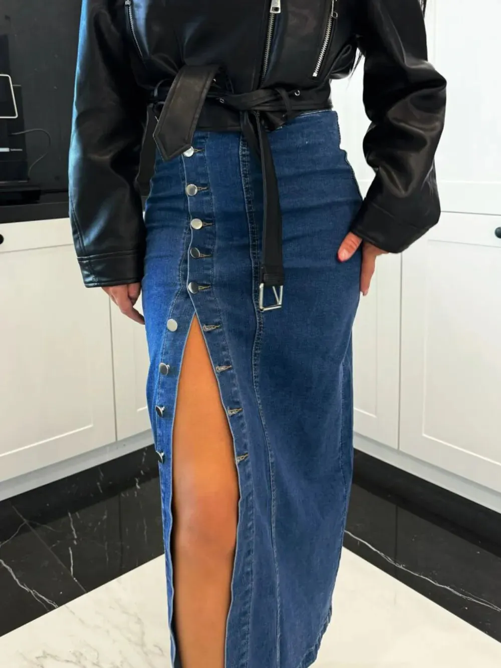 High Noon Front Button Slit Denim Midi Skirt