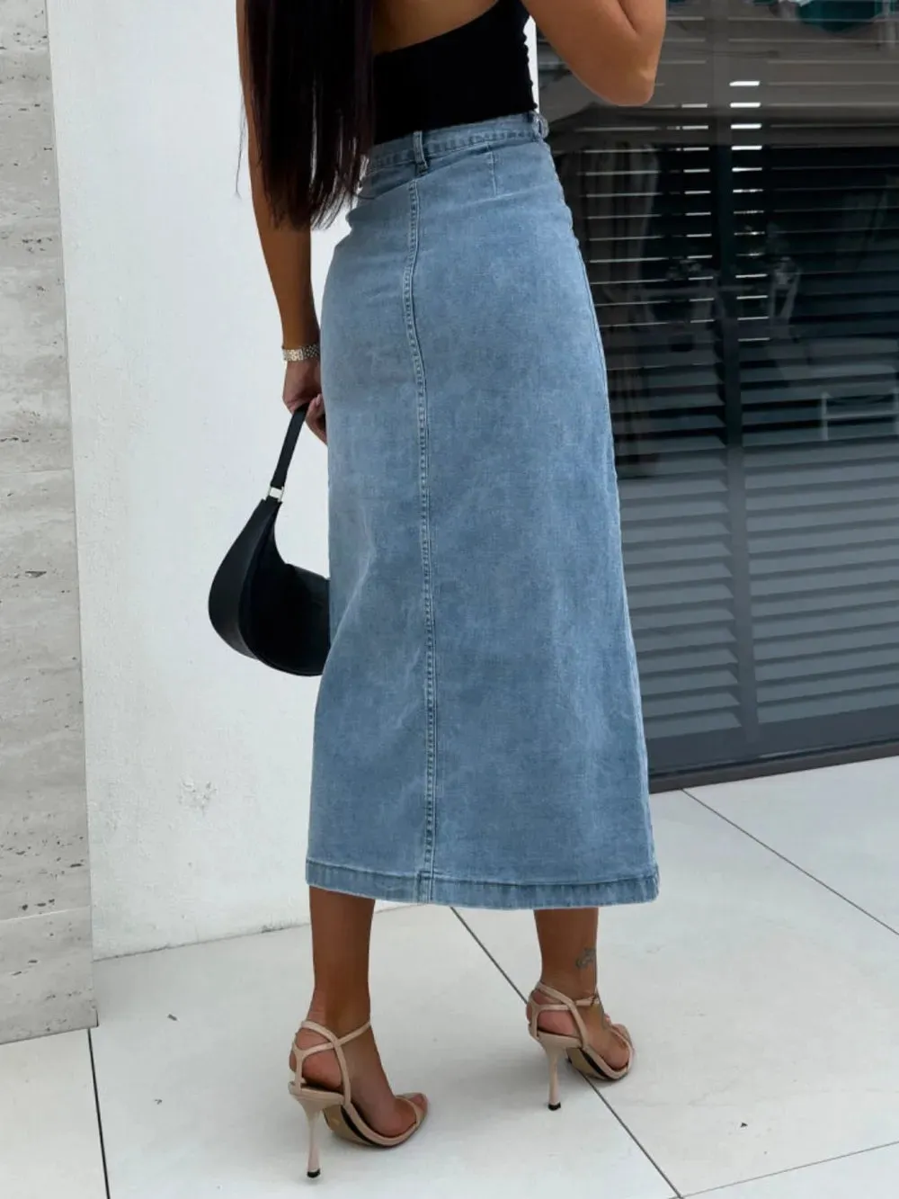 High Noon Front Button Slit Denim Midi Skirt