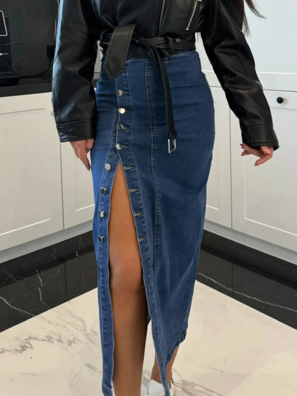 High Noon Front Button Slit Denim Midi Skirt