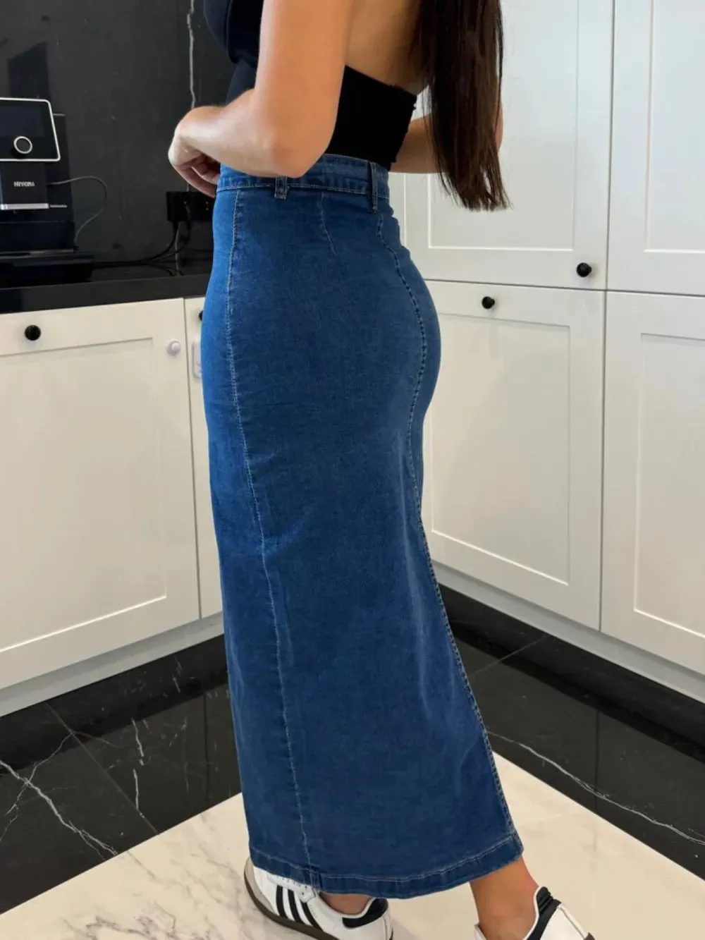 High Noon Front Button Slit Denim Midi Skirt