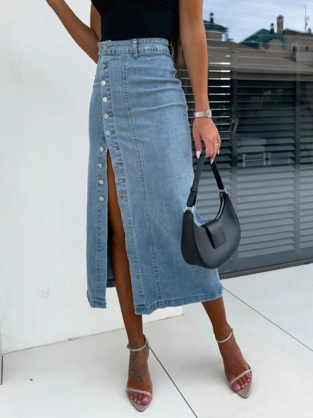 High Noon Front Button Slit Denim Midi Skirt