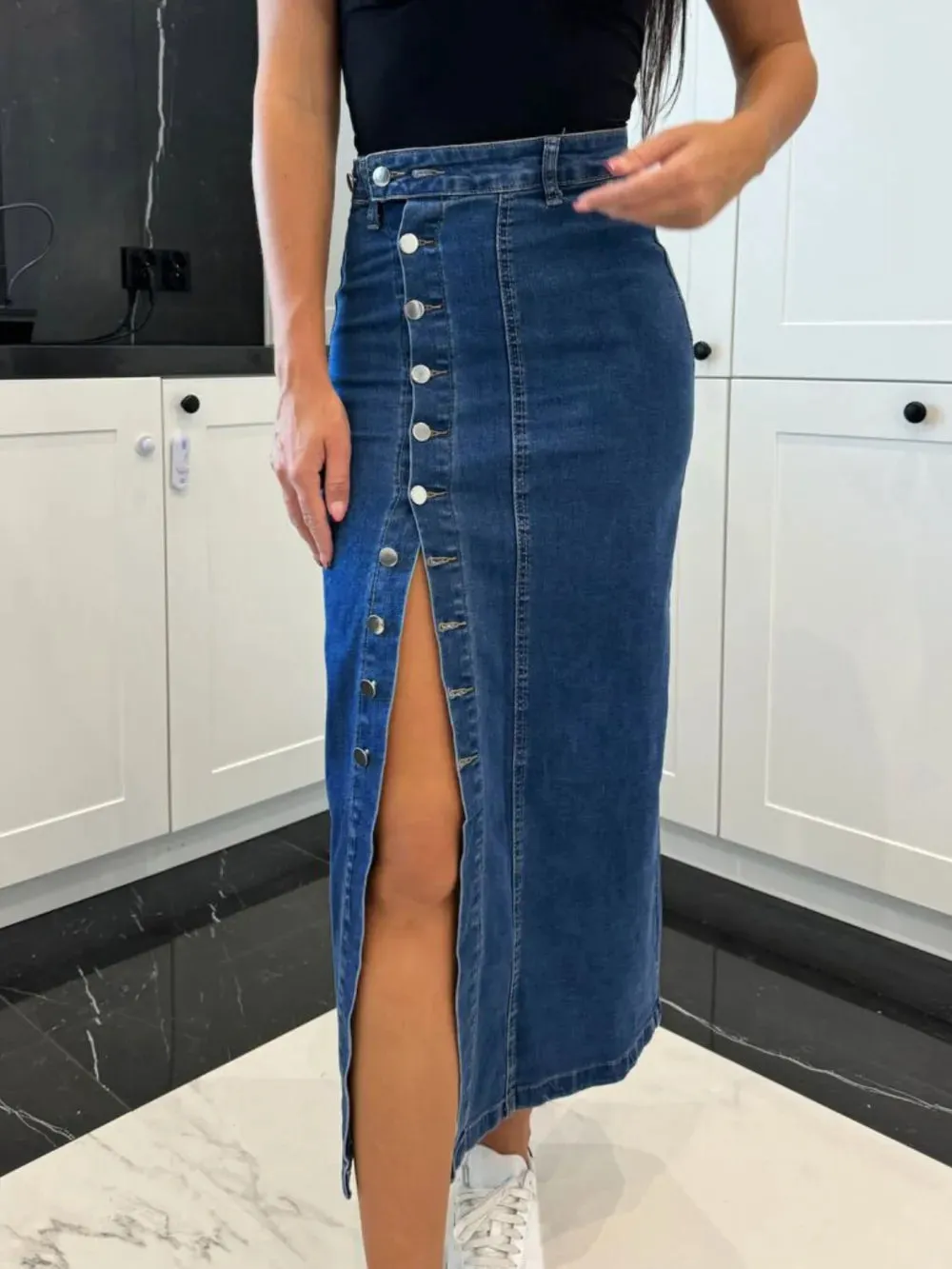 High Noon Front Button Slit Denim Midi Skirt