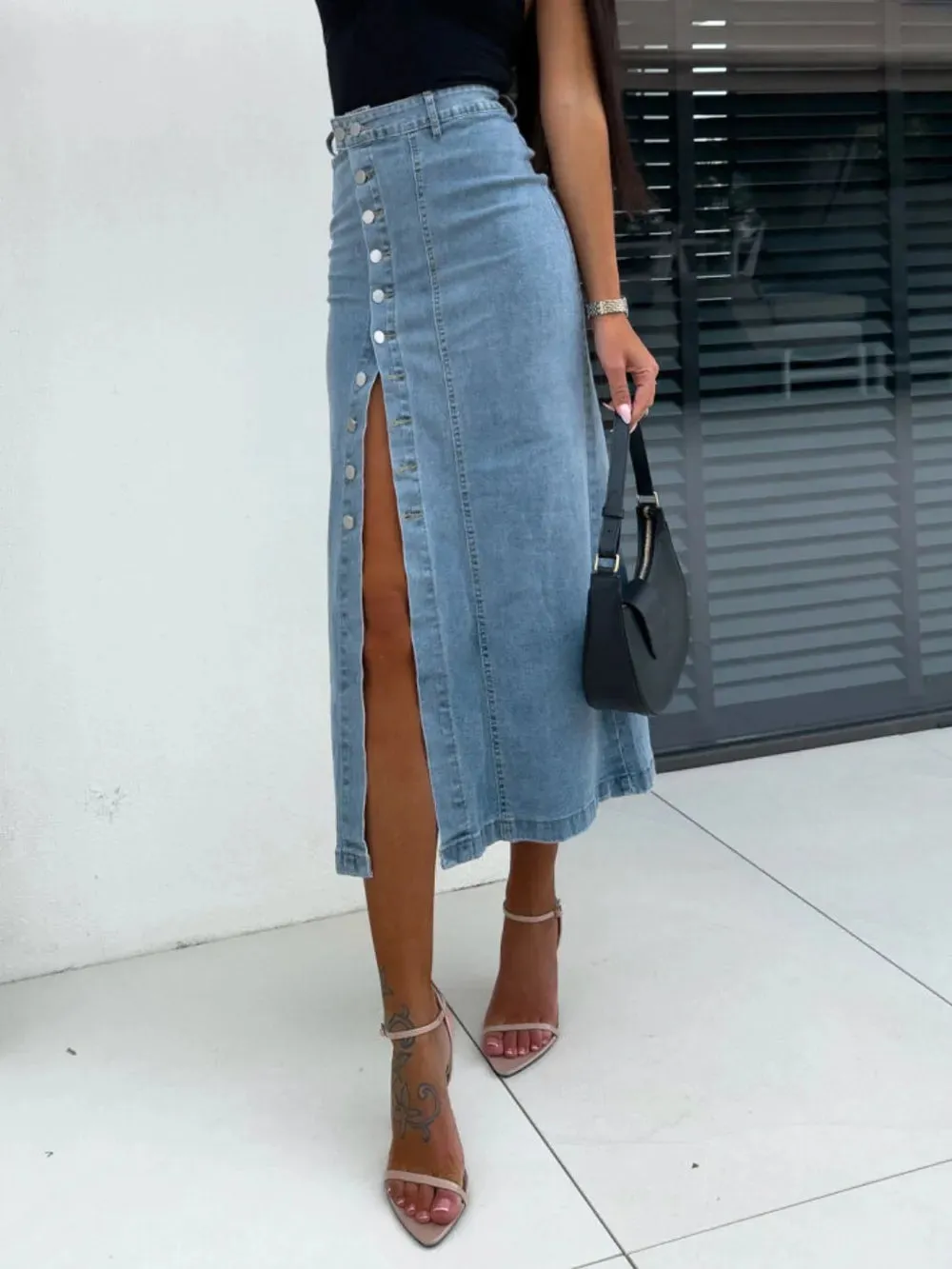 High Noon Front Button Slit Denim Midi Skirt