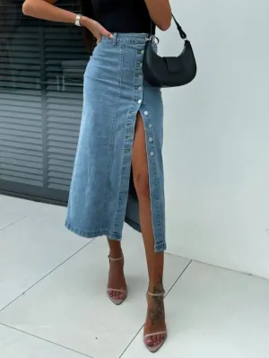 High Noon Front Button Slit Denim Midi Skirt