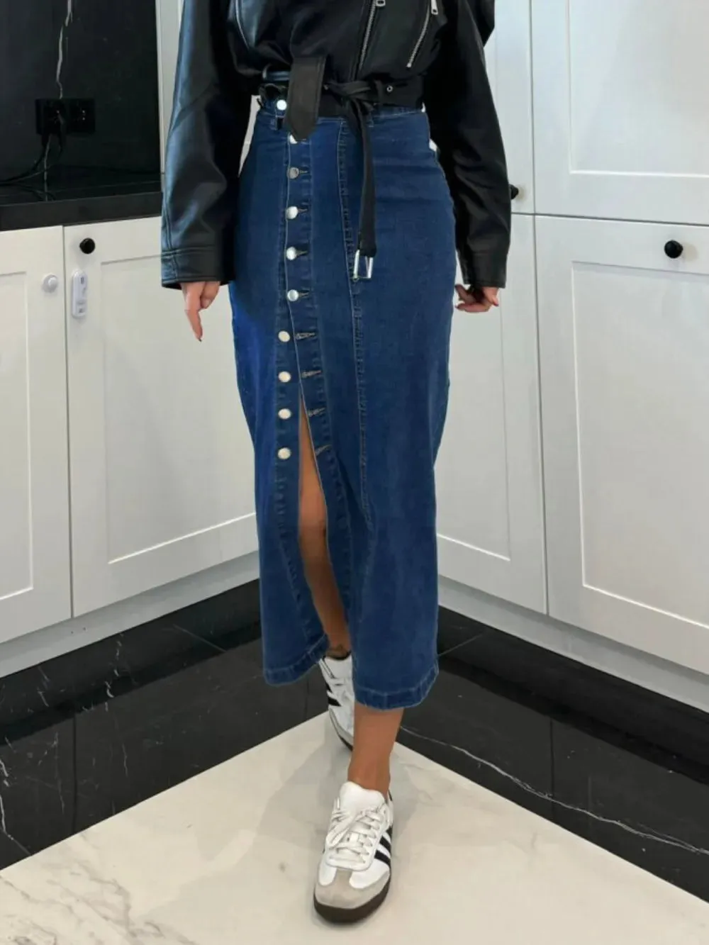 High Noon Front Button Slit Denim Midi Skirt
