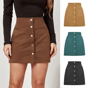 High Waist Corduroy Mini Skirt | Front Button Up & Pocket Detailed | Corduroy/Cotton/Polyester Blend