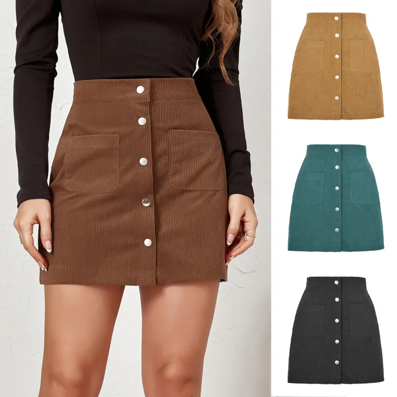 High Waist Corduroy Mini Skirt | Front Button Up & Pocket Detailed | Corduroy/Cotton/Polyester Blend