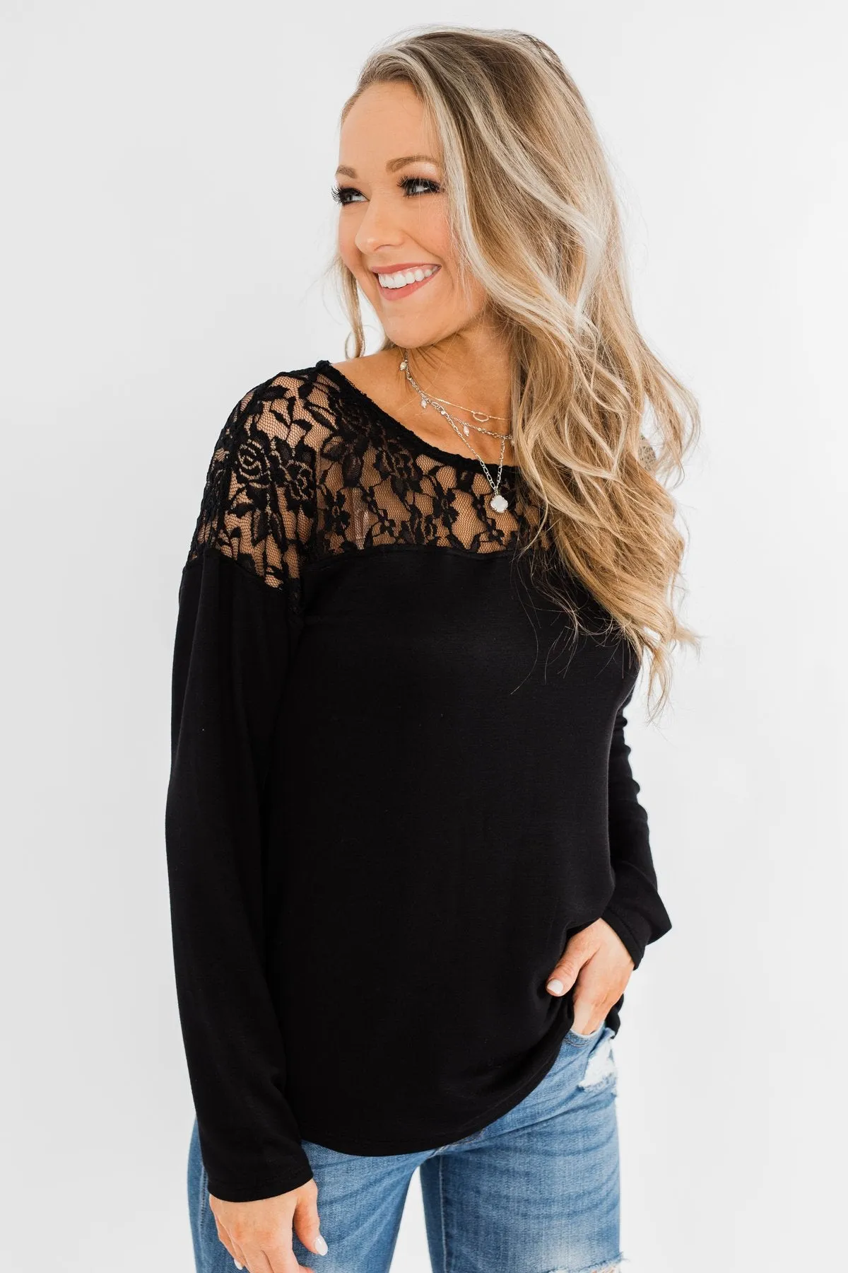 Hometown Dreamer Lace Pullover Top- Black