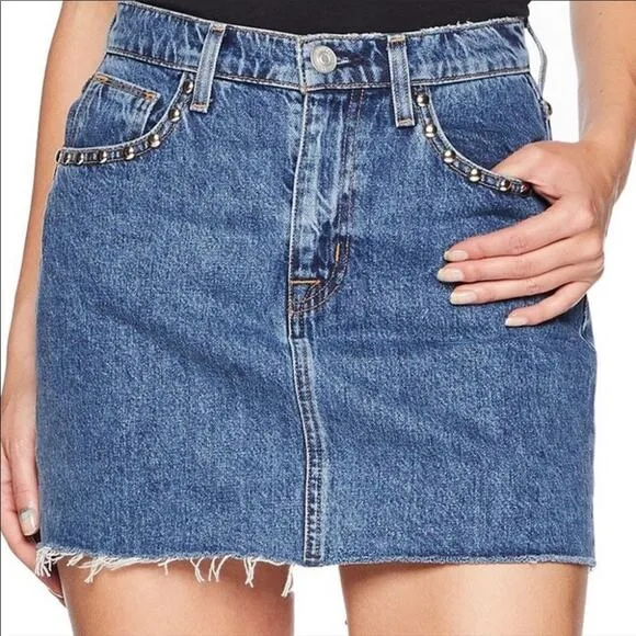Hudson The Viper Denim Mini Skirt Studded Frayed Biker Cowgirl Jean Skirt 30