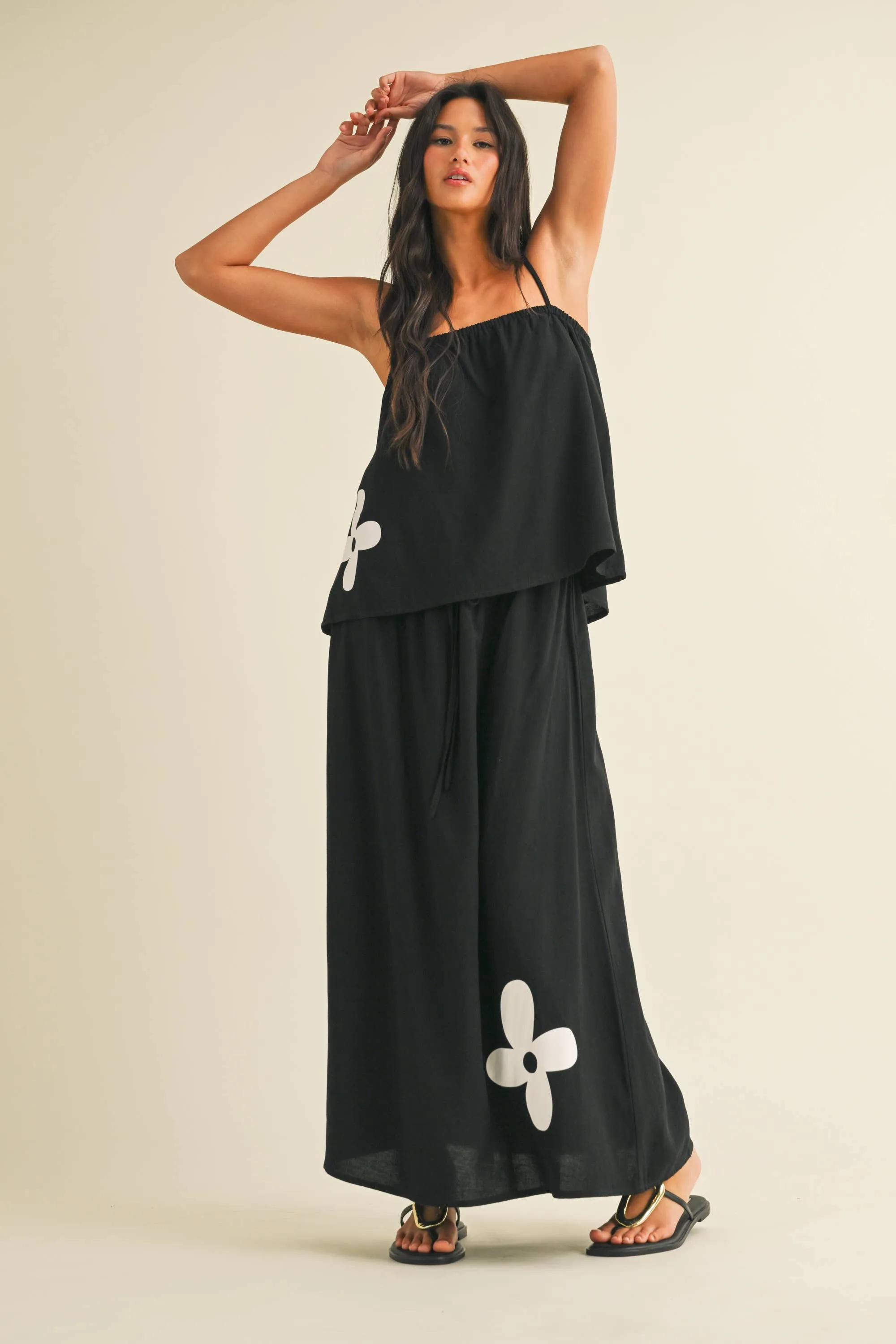 IST5853  FLORAL PRINT LINEN FLARED TANK AND MIDI SKIRT SET